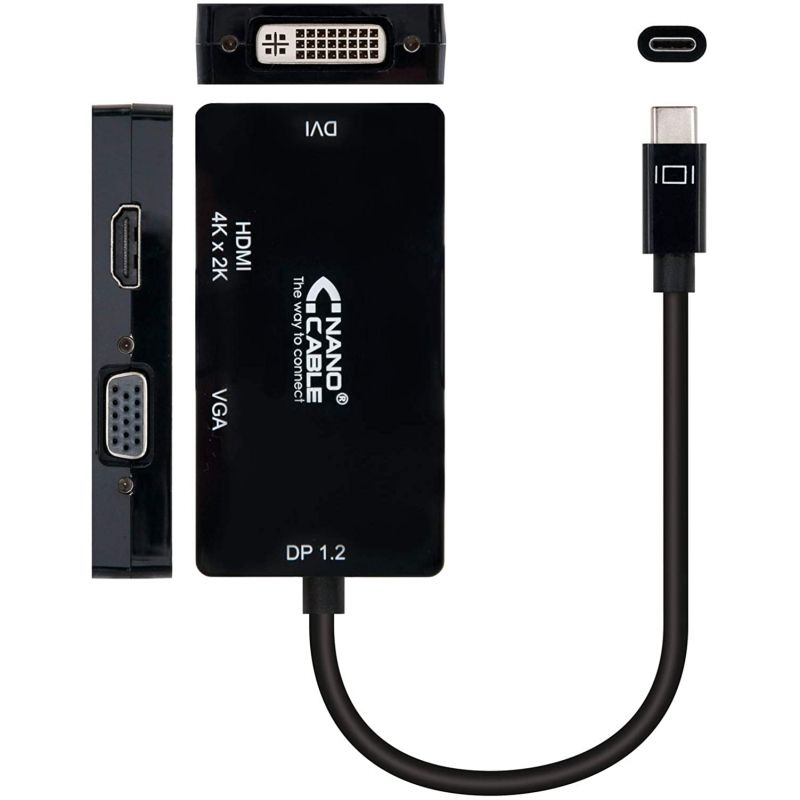 Conversor Nanocable 10.16.4301-bk / USB Tipo C Macho - VGA Fêmea / DVI Fêmea / HDMI Fêmea / 10cm /…