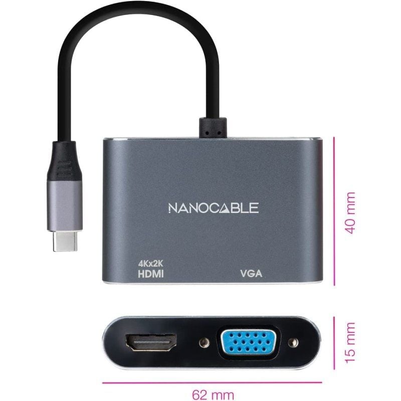 Nanocable 10.16.4303 Conversor / USB Tipo C Macho / HDMI Fêmea - VGA Fêmea / 15cm / Cinzento