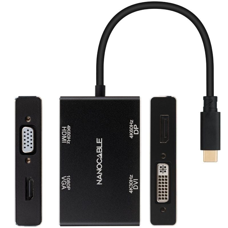Nanocable 10.16.4307 Conversor / USB Tipo C Macho - VGA Fêmea / DVI Fêmea / HDMI Fêmea / Displaypor…