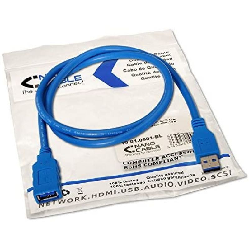 Cabo de Extensão USB 3.0 Nanocable 10.01.0901 / USB Macho - USB Fêmea / 1m / Azul