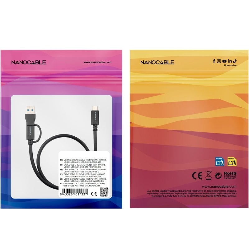 USB 3.2 Type-c Nanocable 10.01.4801 / USB Type-c Macho / USB Macho - USB Type-c Macho / Até 60W / 1…