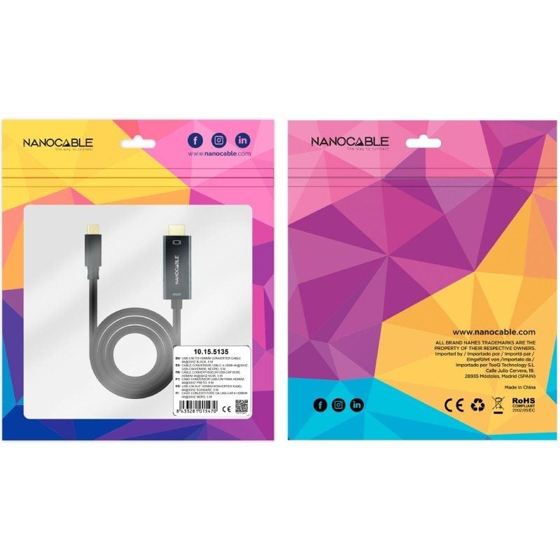 Cabo Conversor Nanocable 10.15.5135 / USB Tipo C Macho - HDMI Macho / 5m / Preto