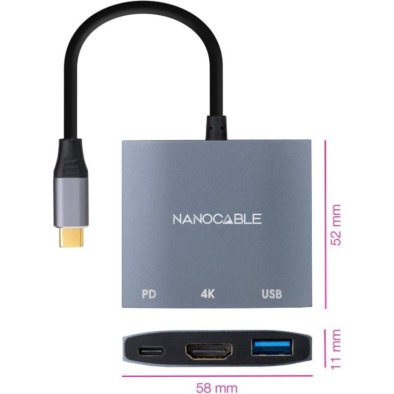 Nanocable 10.16.4306 USB Type-c / HDMI 4K Fêmea - USB Fêmea - USB Type-c PD / 15cm / Cinzento