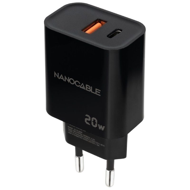 Carregador de Parede Nanocable 10.10.2008 / 1xusb / 1xusb Type-c / 20W / Preto