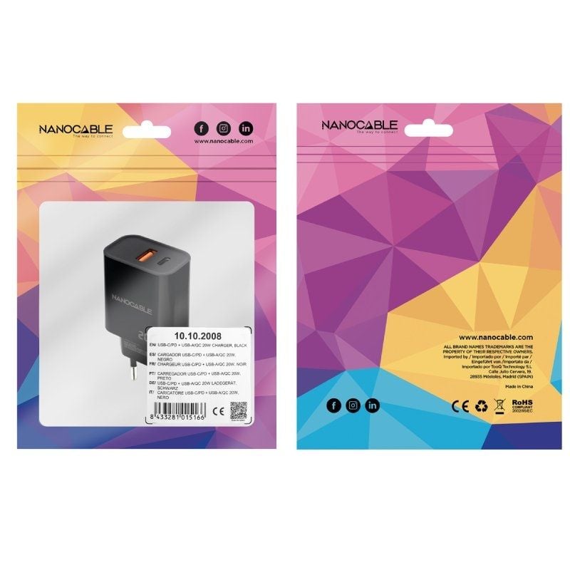 Carregador de Parede Nanocable 10.10.2008 / 1xusb / 1xusb Type-c / 20W / Preto