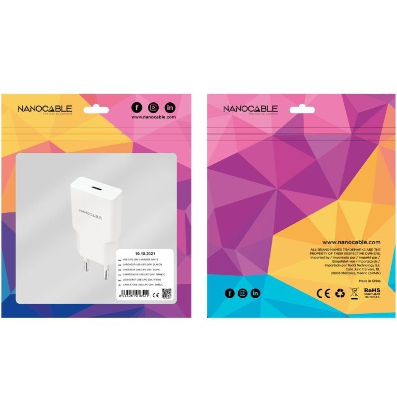 Carregador de Parede Nanocable 10.10.2021 / 1xusb Type-c / 20W / Branco