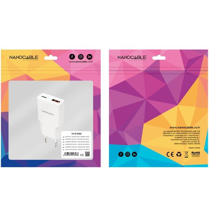 Carregador de Parede Nanocable 10.10.2022 / 1xusb Type-c / 1xusb / 20W / Branco