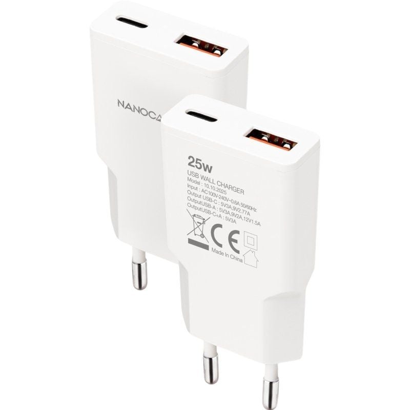 Carregador de Parede Nanocable 10.10.2025 / 1xusb Type-c / 1xusb / 25W / Branco