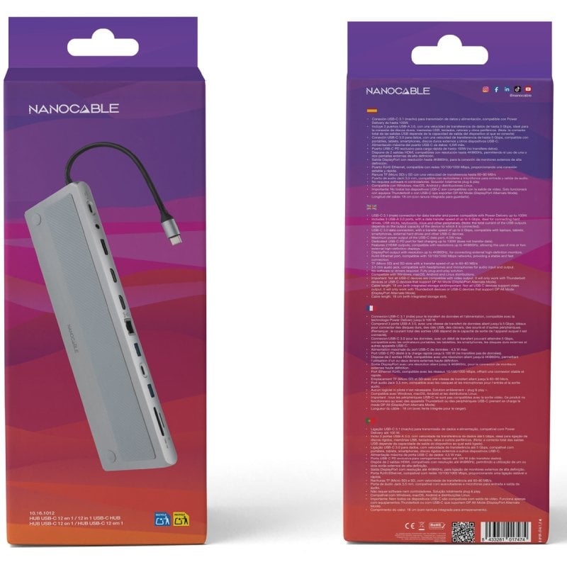 Docking Tipo C Nanocable 10.16.1012 / 3xusb / 1xusb Tipo C / 2xhdmi 4K / 1xdisplayport / 1xrj45 / 1…