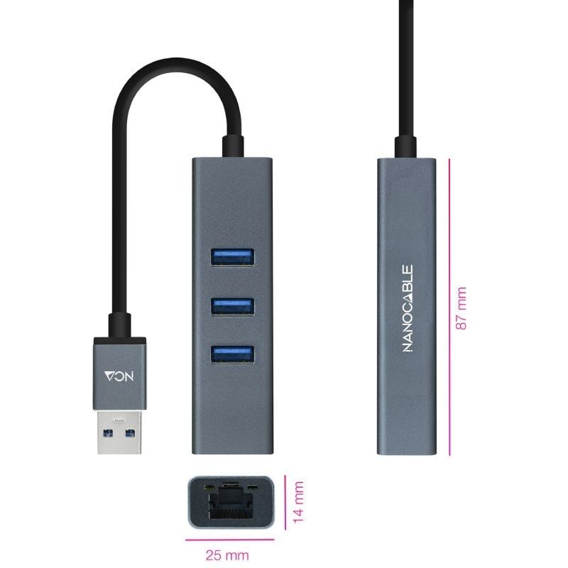 Hub USB 3.0 Nanocable 10.03.0407 / 3xusb / 1xrj45 / Cinzento