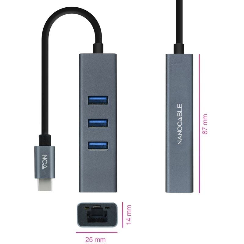 Concentrador USB Tipo C Nanocable 10.03.0408 / 3xusb / 1xrj45 / Cinzento