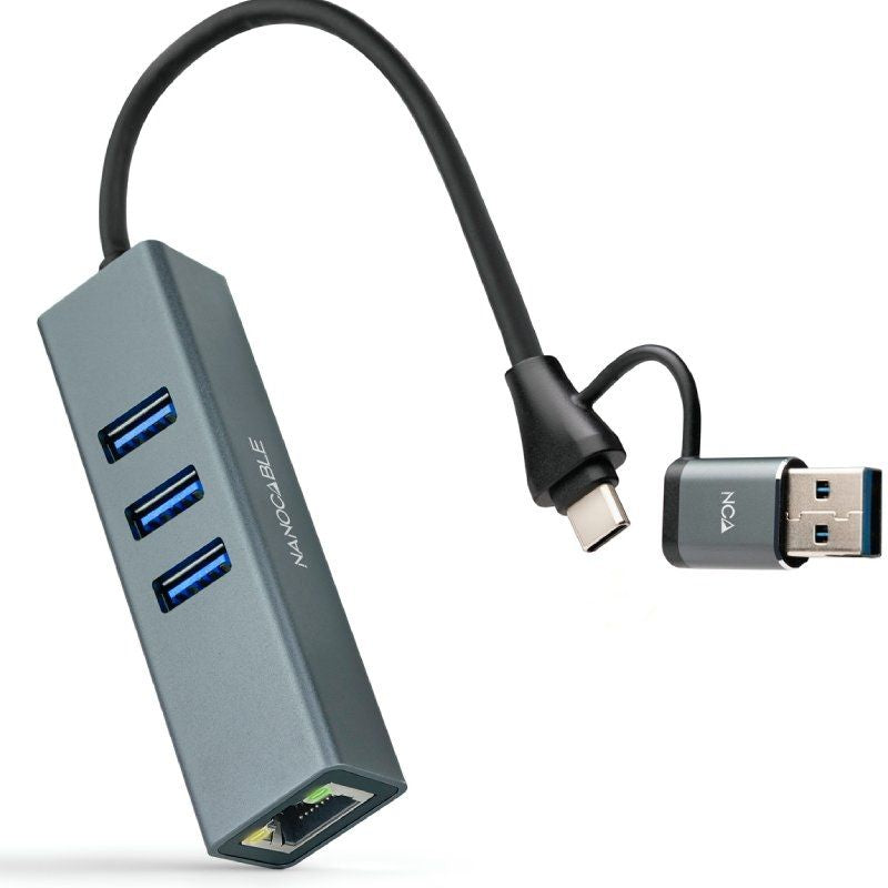 Hub USB + USB Type-c 3.0 Nanocable 10.03.0412 / 3xusb / 1xrj45 / Cinzento