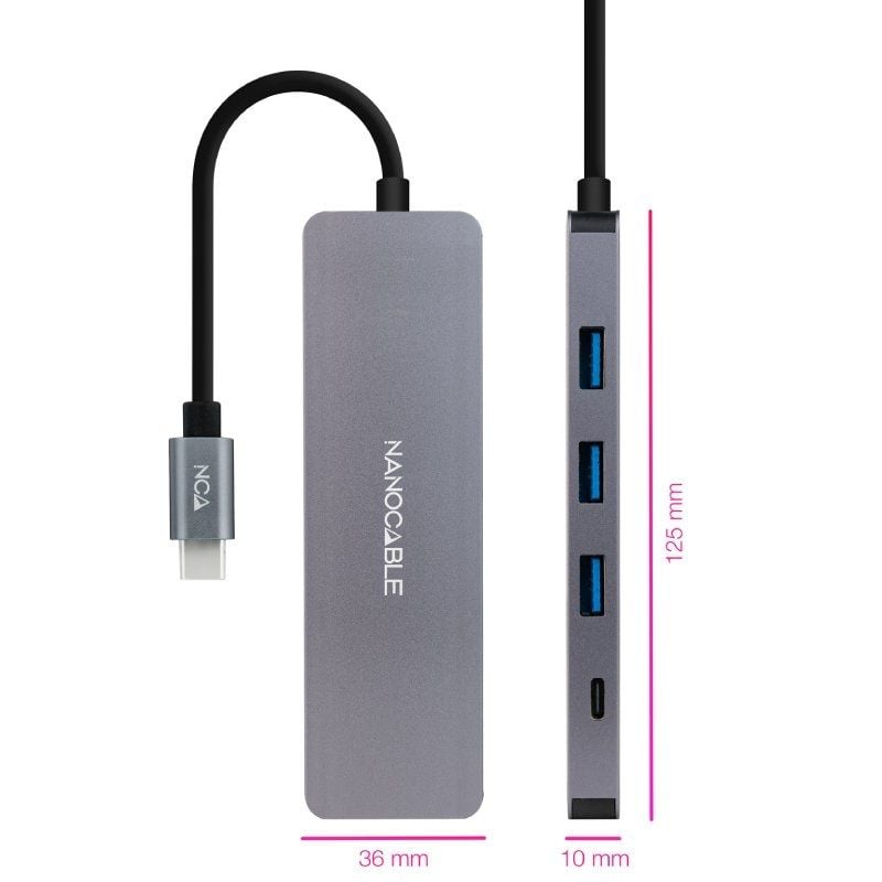 Concentrador USB Tipo C Nanocable 10.16.4409 / 3xusb / 1xusb Tipo C / Cinzento