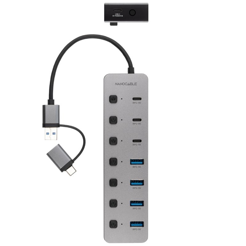 Hub USB + USB Tipo C Nanocable 10.16.4510 / 4xusb / 3xusb Tipo C / 1xusb Tipo C PD / Cinzento