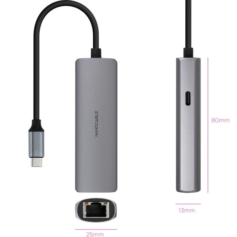 Hub USB Tipo C 3.1 Nanocable 10.16.4603 / 1xusb Tipo C PD / 1xrj45 / Cinzento