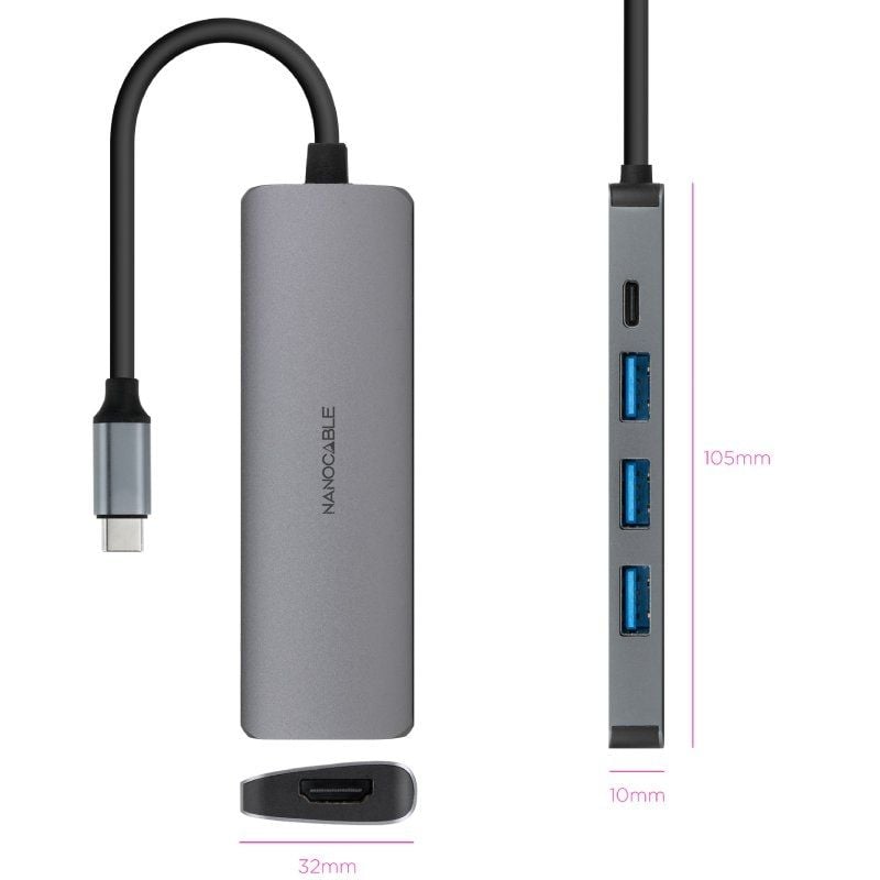 Docking C-type Nanocable 10.16.4605 / 3xusb / 1xhdmi 4K / 1xusb Type-c PD / Cinzento