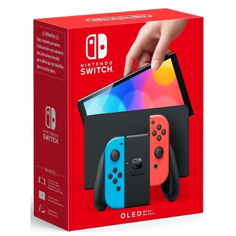 Nintendo Switch OLED Versão Azul Néon / Vermelho Néon / Inclui Suporte / 2 Comandos Joy-con