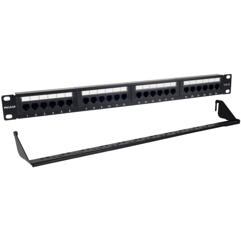 Phasak PU 2424 Patch Panel / 24 Portas / Cat.6 / 1U Altura / Gestão de Cabos