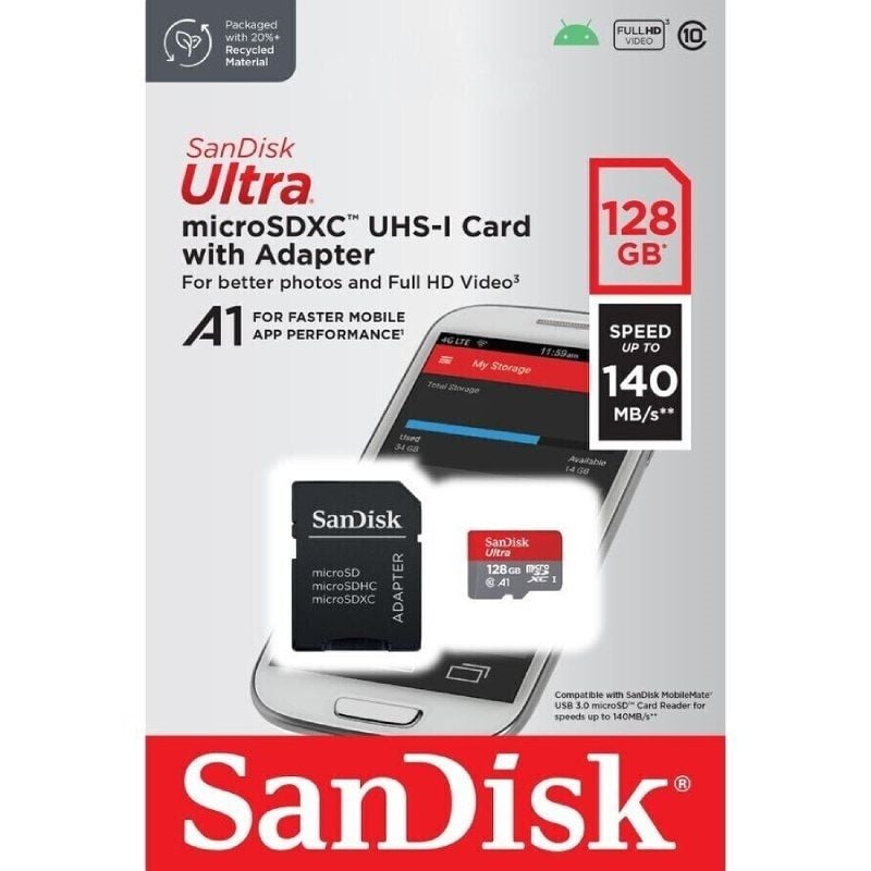 Cartão de Memória Sandisk Ultra 128GB Microsd XC com Adaptador / Classe 10 / 140mbs