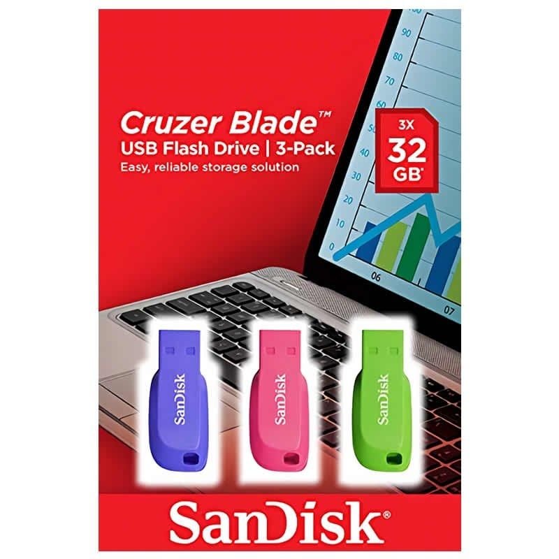 Unidade Flash Sandisk Cruzer Blade 32GB Pack 3 USB 2.0