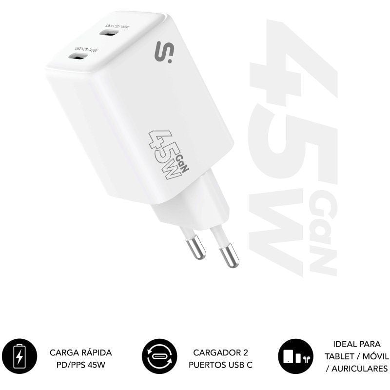 Carregador de Parede Gan Subblim 45W Carregador USB C+c / 2xusb Type-c / 45W