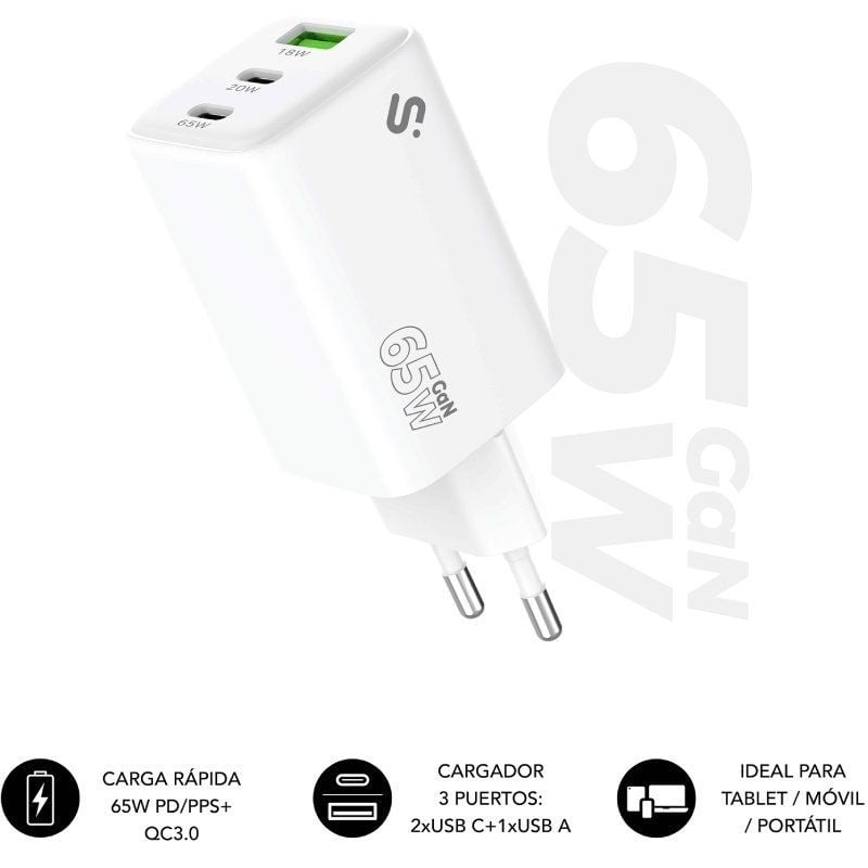 Carregador de Parede Gan Subblim 65W Carregador USB C+c+a / 2xusb Type-c / 1xusb / 65W