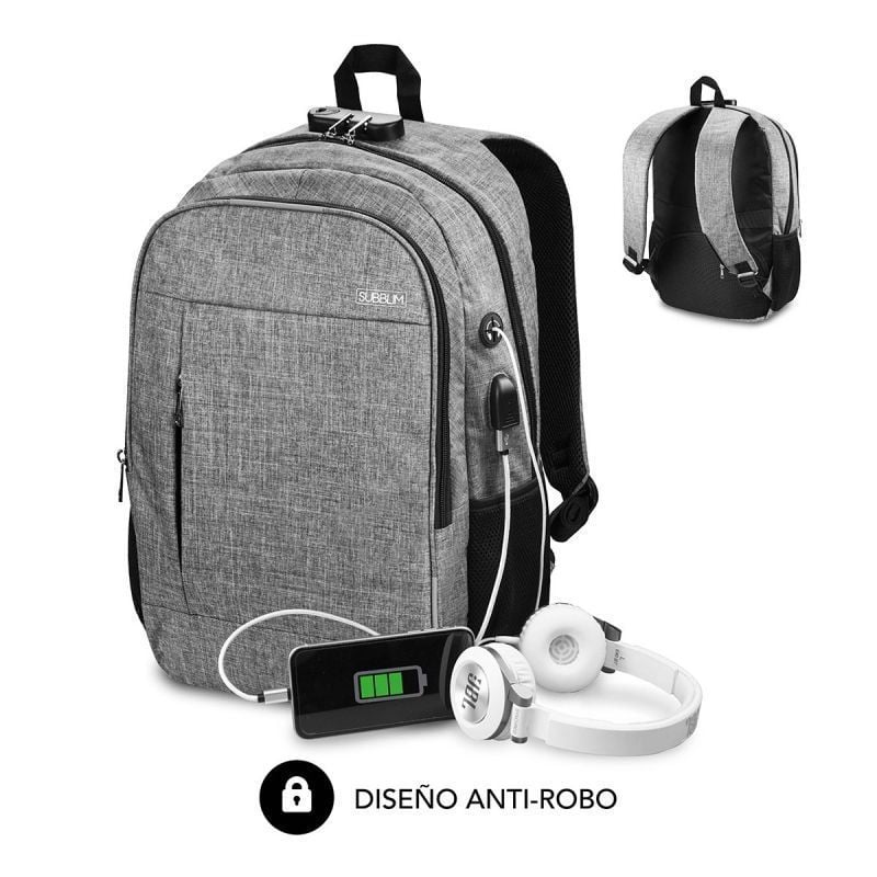 Mochila Subblim Urban Lock para Computadores Portáteis Até 16" / Porta USB / Antirroubo / Cinzento