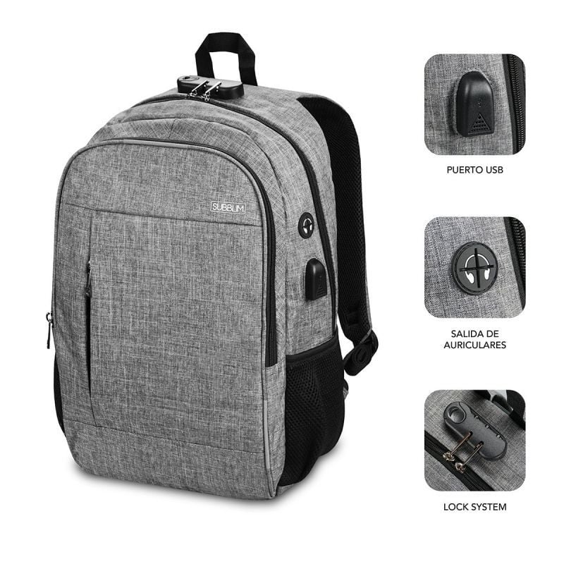 Mochila Subblim Urban Lock para Computadores Portáteis Até 16" / Porta USB / Antirroubo / Cinzento