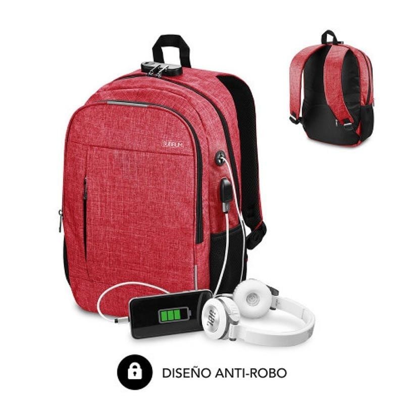 Mochila Subblim Urban Lock para Computadores Portáteis Até 16" / Porta USB / Antirroubo / Vermelho