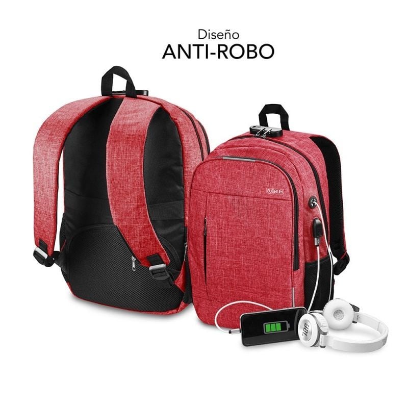 Mochila Subblim Urban Lock para Computadores Portáteis Até 16" / Porta USB / Antirroubo / Vermelho