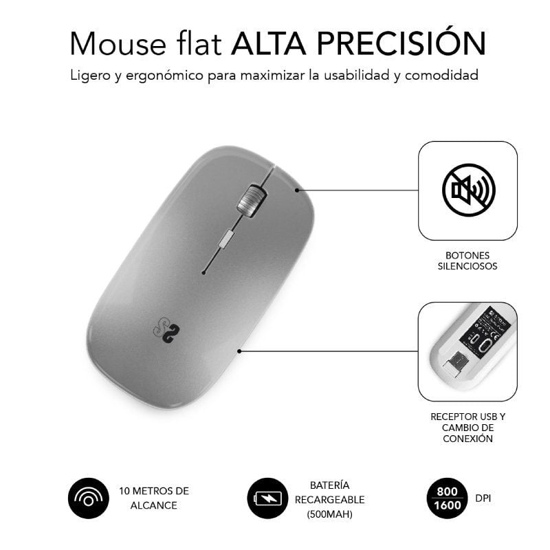 Subblim Dual Flat Wireless Bluetooth Mouse / Bateria Recarregável / Até 1600 DPI / Prata