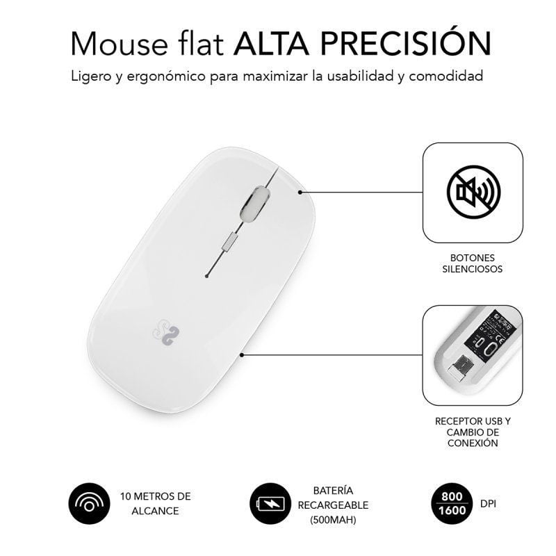 Subblim Dual Flat Wireless Bluetooth Mouse / Bateria Recarregável / Até 1600 DPI / Branco