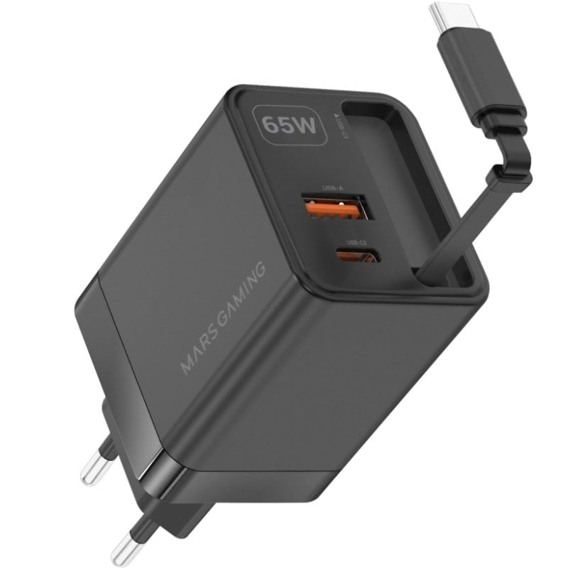 Carregador de Parede Gan Mars Gaming Md-gan65r / 1xusb Type-c / 1xusb / 65W / Preto