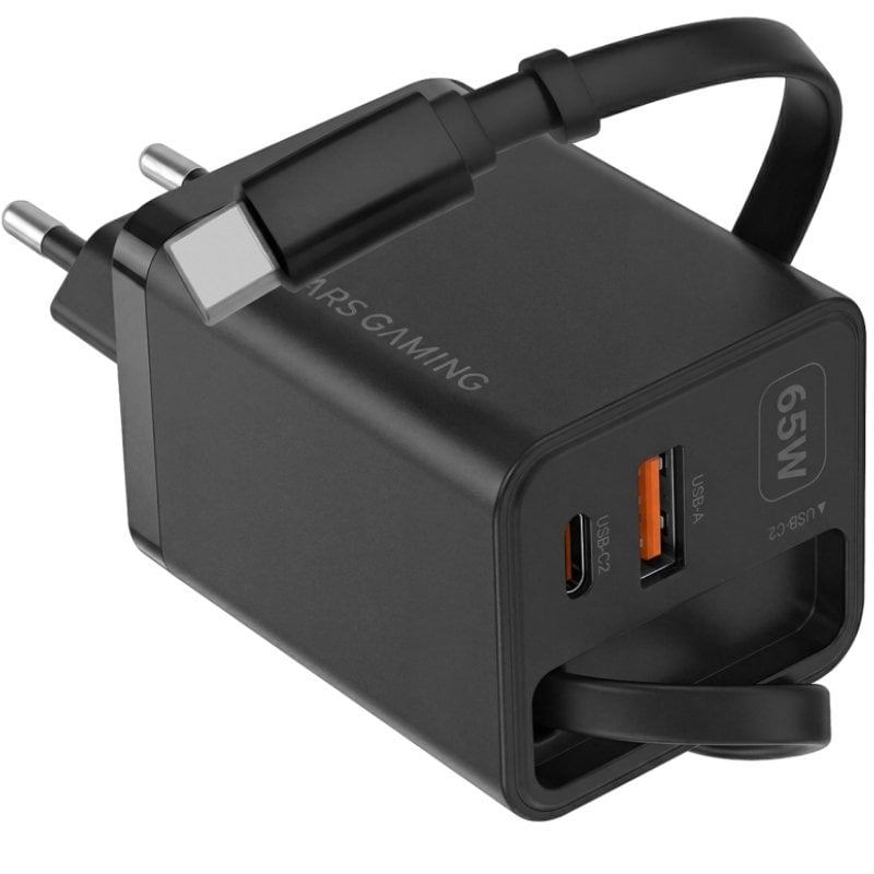 Carregador de Parede Gan Mars Gaming Md-gan65r / 1xusb Type-c / 1xusb / 65W / Preto