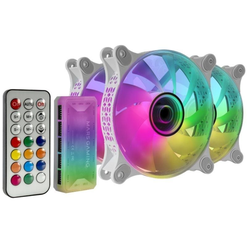 Pack 3 Ventoinhas Mars Gaming Mf-3dkitw / 12cm + Hub + Controlo Remoto / ARGB / Branco