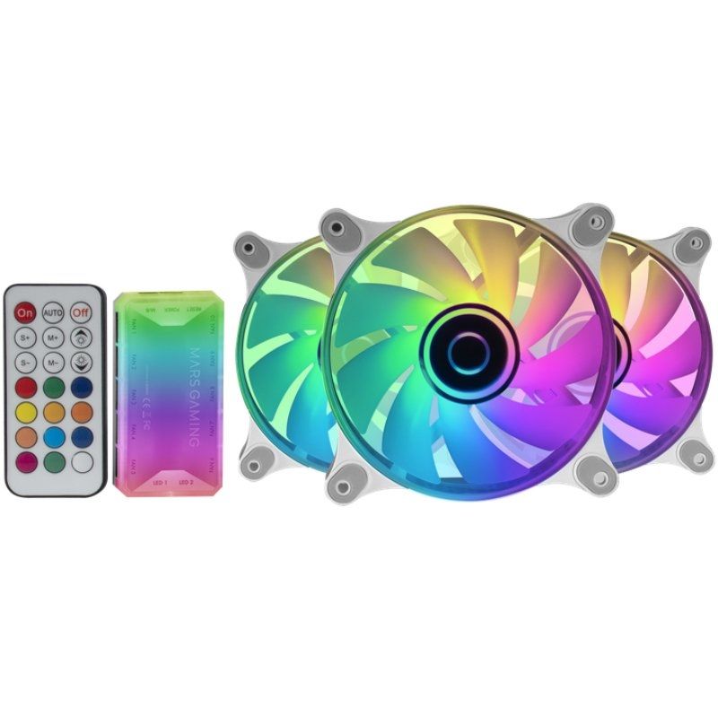 Pack 3 Ventoinhas Mars Gaming Mf-3dkitw / 12cm + Hub + Controlo Remoto / ARGB / Branco