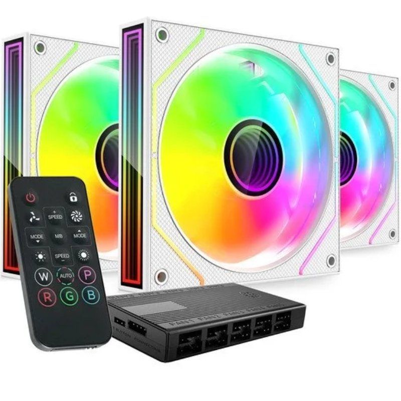 Pack 3 Ventoinhas Mars Gaming Mf-3dprokit / 12cm + HUB + Controlo Remoto / ARGB / Branco
