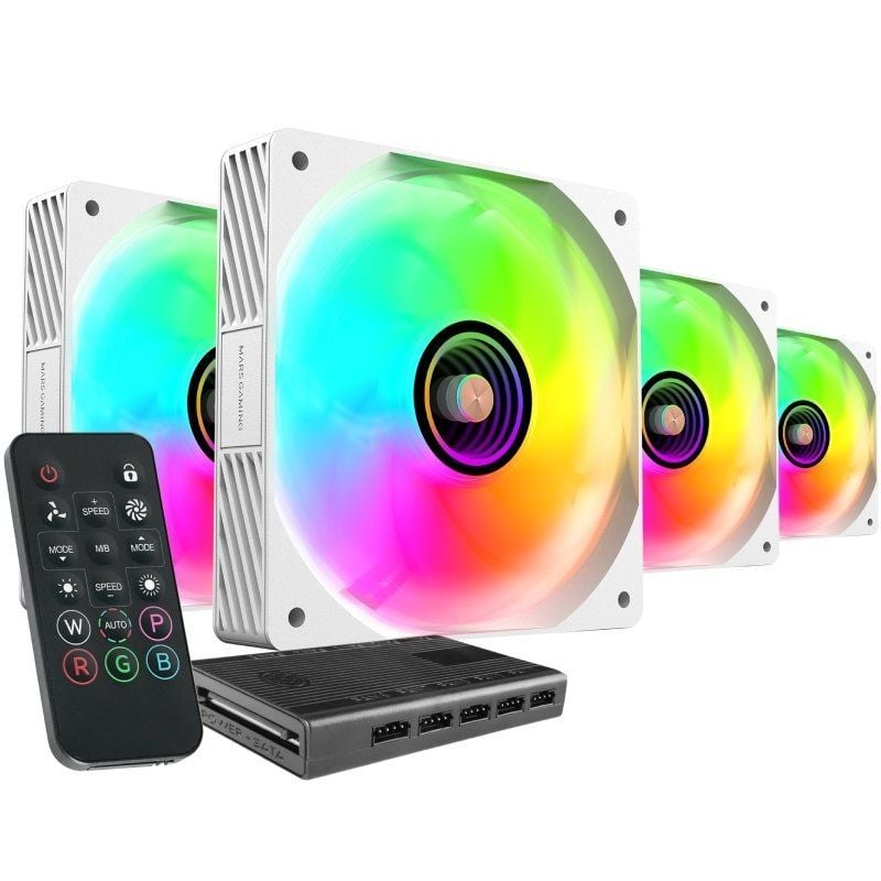 Pack 4 Ventoinhas Mars Gaming Mf-si4kit / 12cm + HUB + Controlo Remoto / ARGB / Branco