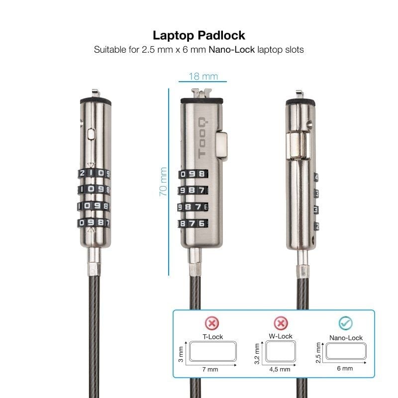 Cabo de Segurança para Computador Portátil NANO Tooq Tqclkc0035-g / 1,5m