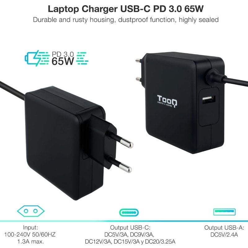 Carregador para Computador Portátil Tooq Tqlc-usbc65pd USB Tipo C / 65W / Automático / Tensão 5-20v