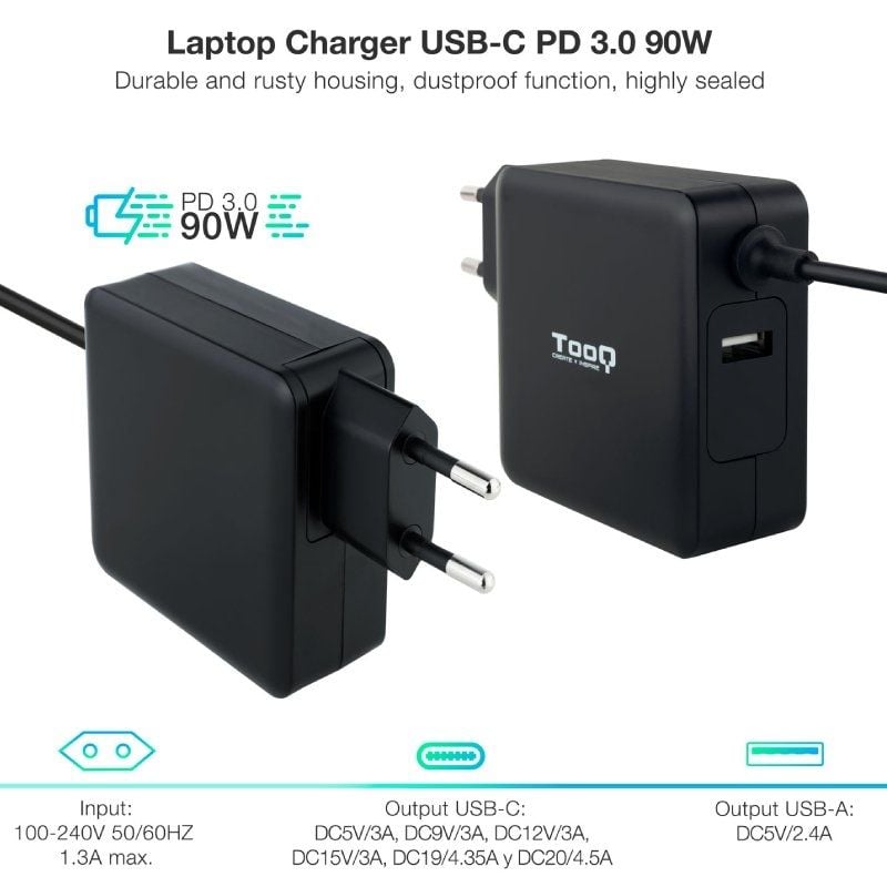 Carregador para Computador Portátil Tooq Tqlc-usbc90pd USB Tipo C / 90W / Automático / Tensão 5-20v