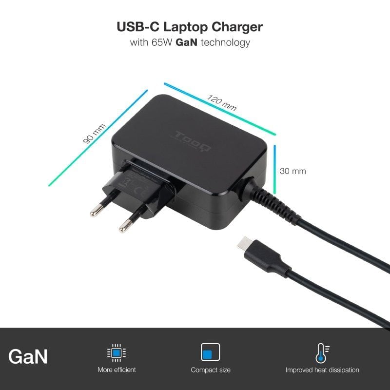 Carregador Gan para Portátil Tooq Tqlc-usbcgan65pd USB Tipo C / 65W / Automático / Tensão 5-20v