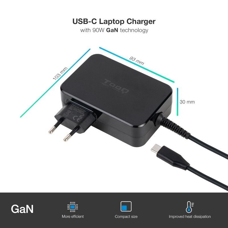 Carregador Gan para Portátil Tooq Tqlc-usbcgan90pd USB Tipo C / 90W / Automático / Tensão 5-20v