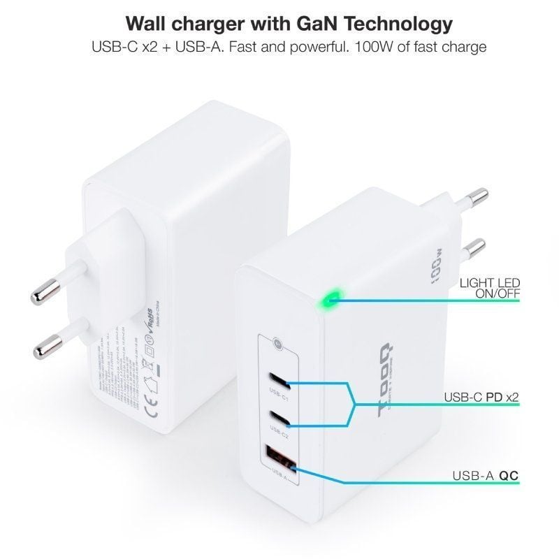 Tooq Tqwc-ganqc2pd100w / 2xusb Tipo C / 1xusb / 100W Carregador de Parede Gan Tooq Tqwc-ganqc2pd100…