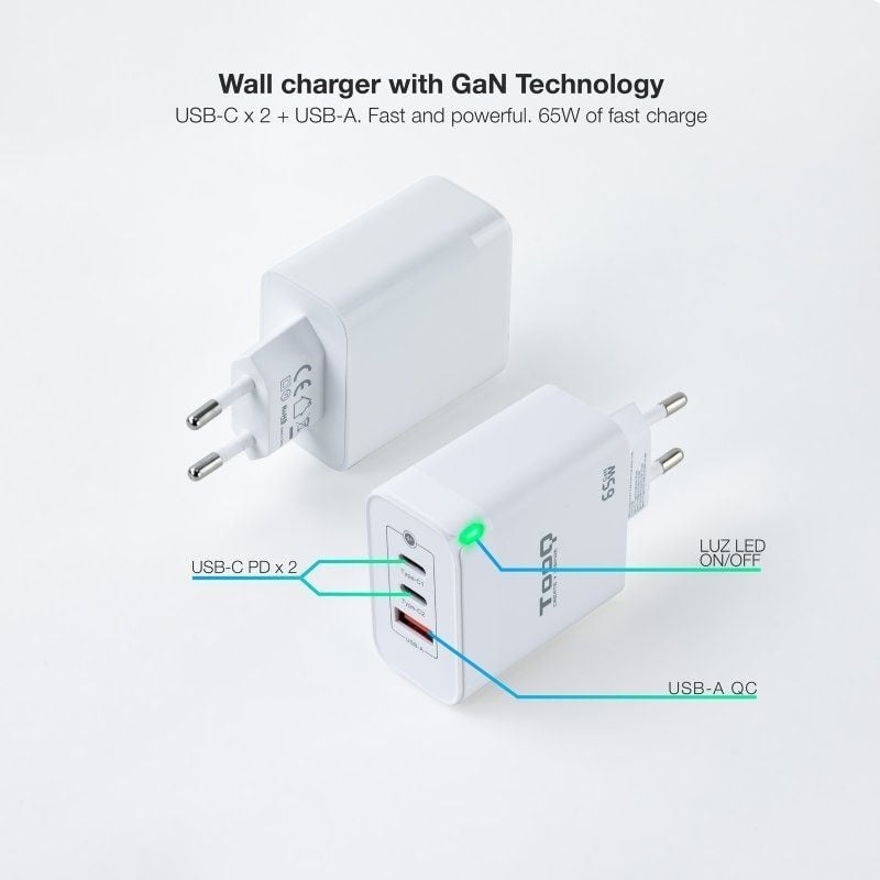 Tooq Tqwc-ganqc2pd65wt / 2xusb Tipo C / 1xusb / 65W Carregador de Parede Gan Tooq Tqwc-ganqc2pd65wt…