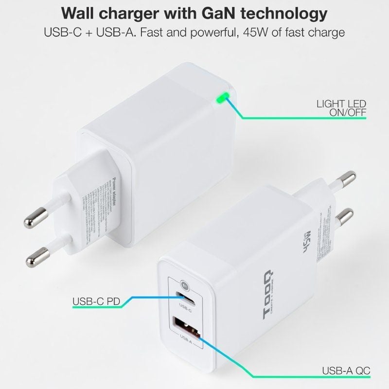 Carregador de Parede Gan Tooq Tqwc-ganqcpd45wt / 1xusb Type-c / 1xusb / 45W