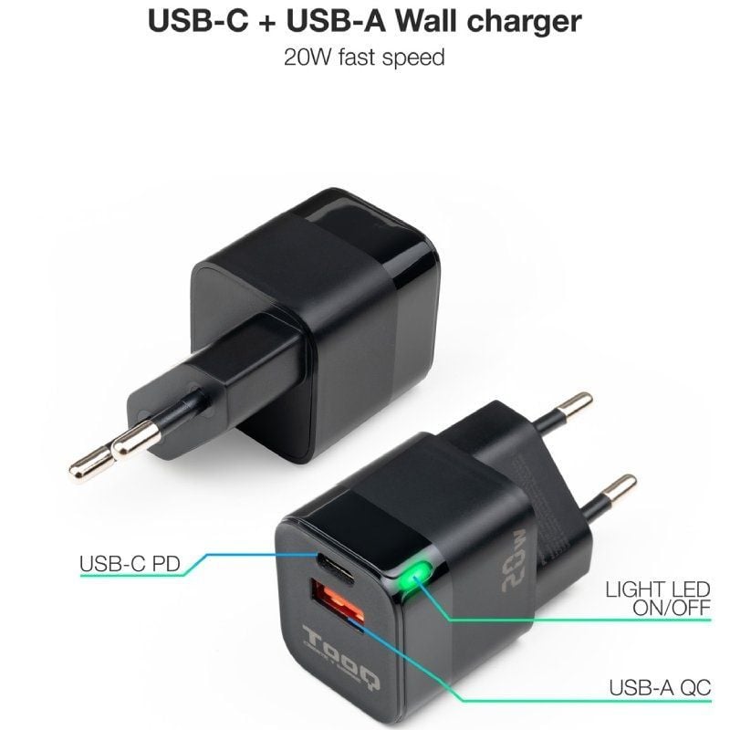 Carregador de Parede Tooq Tqwc-qcpd20 / 1xusb Tipo C / 1xusb / 20W