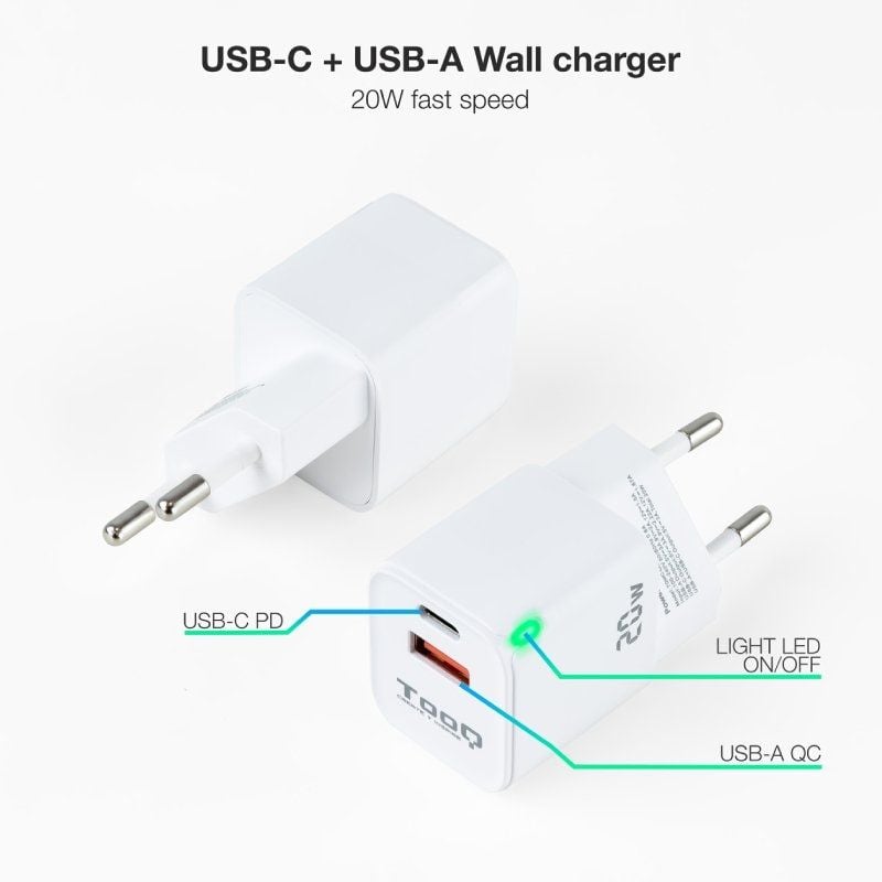 Carregador de Parede Tooq Tqwc-qcpd20wt / 1xusb-tipo C / 1x USB / 20W / Branco