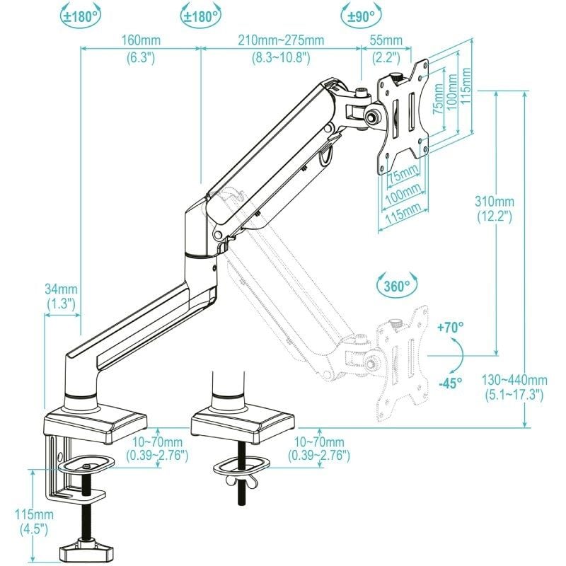 Tooq Db1334tnr-w Suporte de Mesa para Monitor / Giratório / Inclinado / Até 10kg