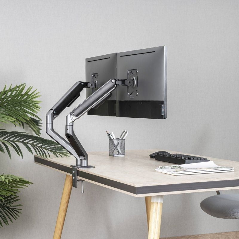 Suporte de Mesa Tooq Db4132tnr-g para 2 Monitores / Giratório / Inclinado / Até 9kg